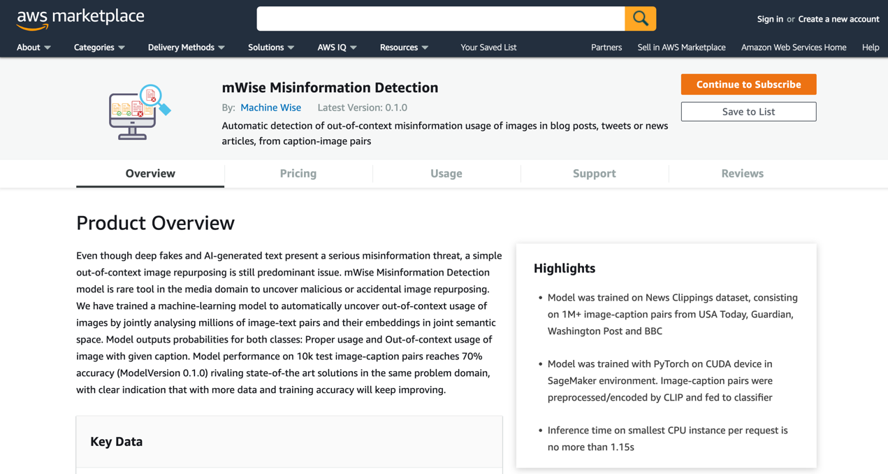 mWise Misinformation Detection at AWS Marketplace
